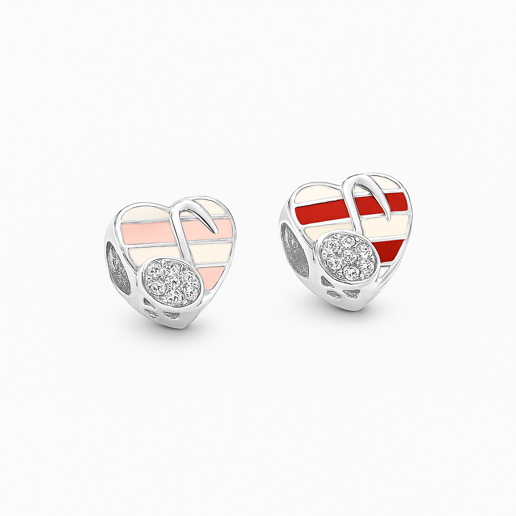 Striped Heart Musical Note Charm in Sterling Silver – Red & White Enamel with CZ Accents