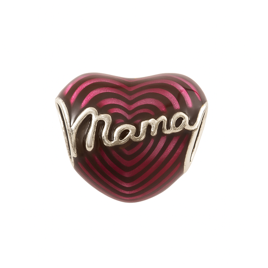 Mama Heart Charm in Sterling Silver – Red Enamel Bead with Engraved Script