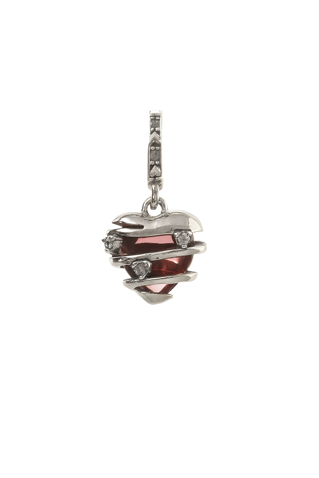Silver Wrapped Heart Charm Pendant with Red Crystal and CZ Accents