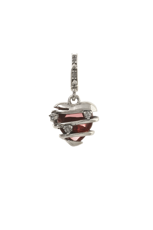Silver Wrapped Heart Charm Pendant with Red Crystal and CZ Accents