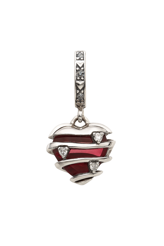 Silver Wrapped Heart Charm Pendant with Red Crystal and CZ Accents