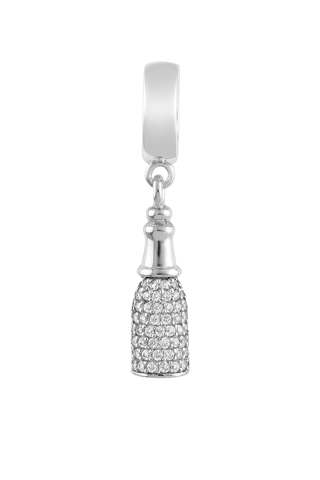 Silver Champagne Bottle Charm with Heart & Bow – Pavé CZ Detailing