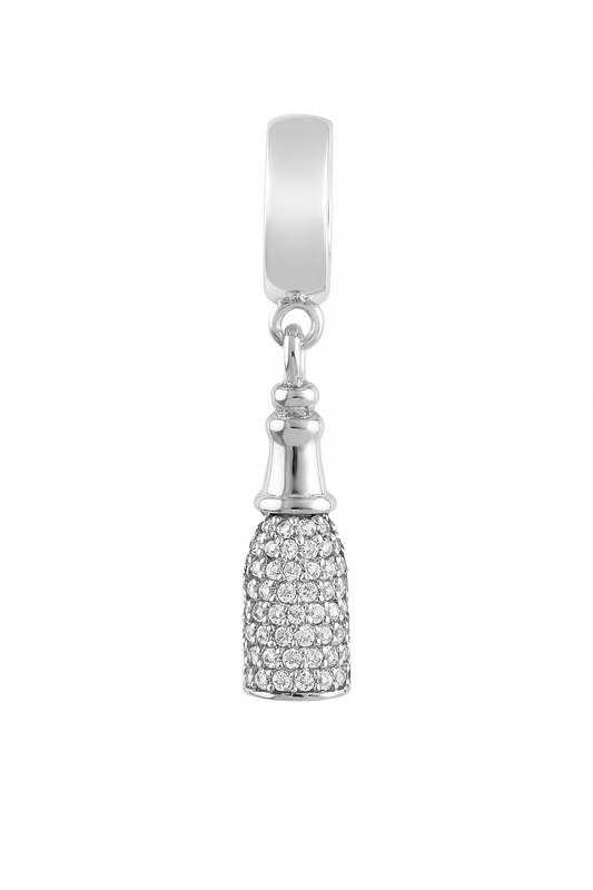 Silver Champagne Bottle Charm with Heart & Bow – Pavé CZ Detailing