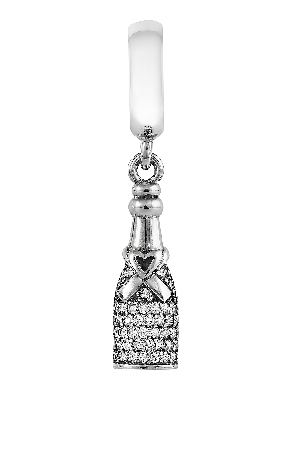 Silver Champagne Bottle Charm with Heart & Bow – Pavé CZ Detailing