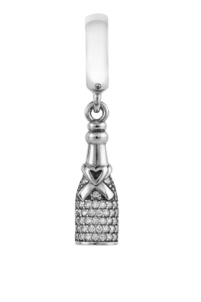 Silver Champagne Bottle Charm with Heart & Bow – Pavé CZ Detailing