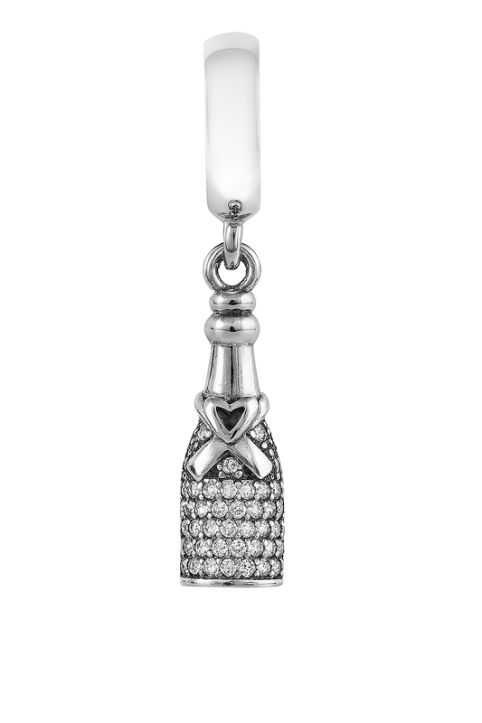 Silver Champagne Bottle Charm with Heart & Bow – Pavé CZ Detailing