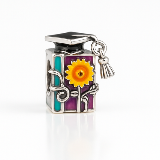 Sunflower Graduation Charm Bead – Sterling Silver Enamel Book & Cap Bead