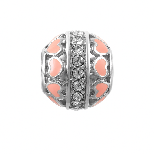 Pink Heart Enamel Charm Bead with Crystal Center – Sterling Silver Fit