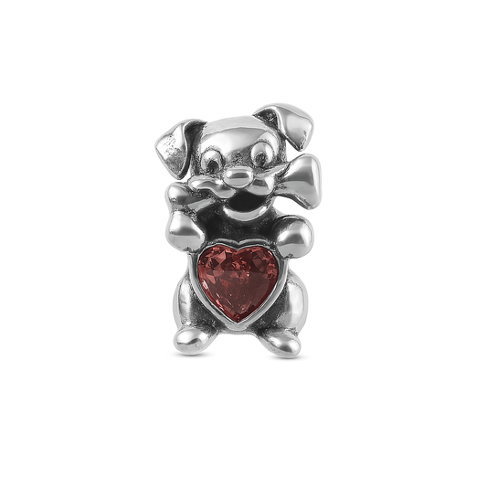 Sterling Silver Puppy Charm with Red Heart Gemstone