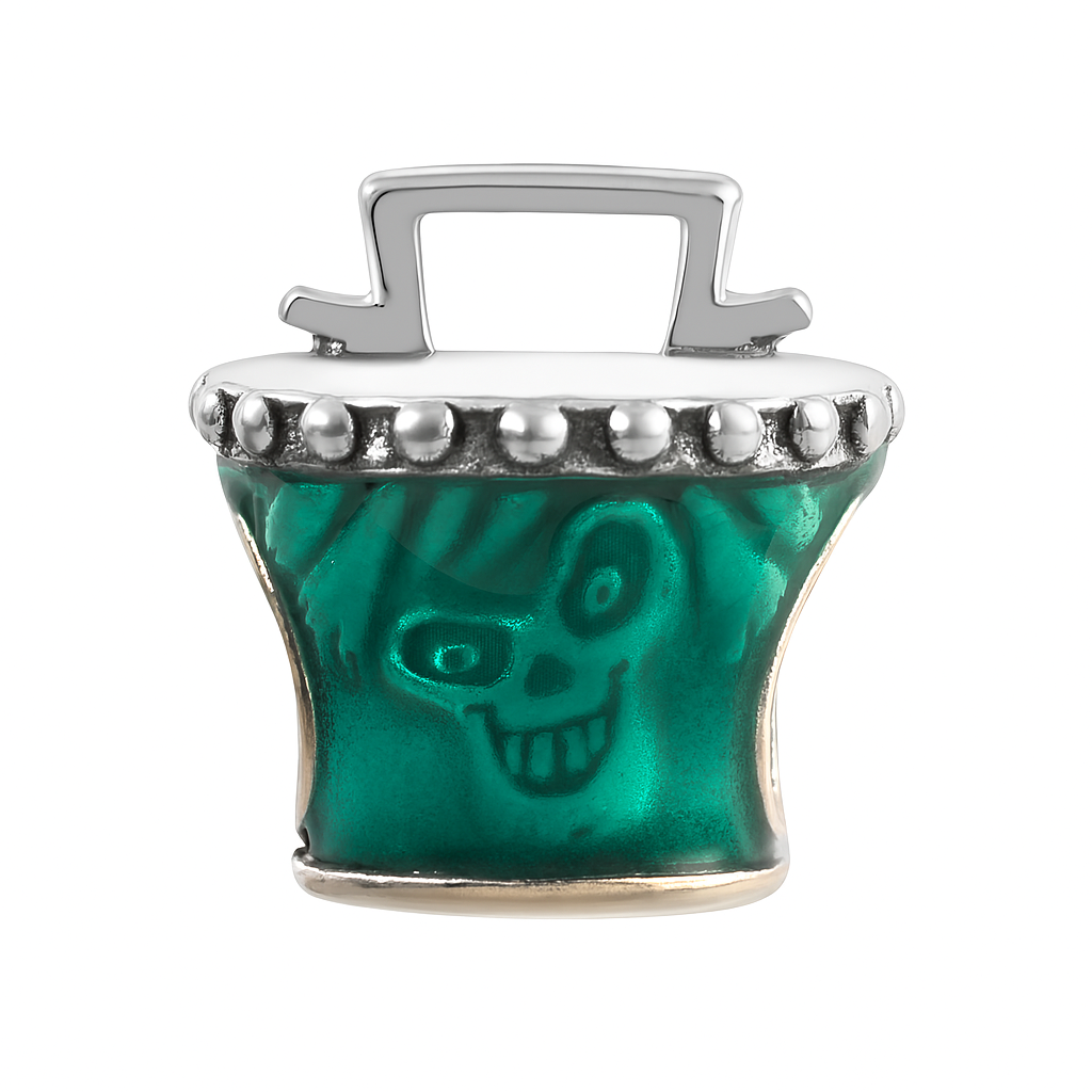 Sterling Silver Green Cauldron Charm with Skull Design – Enamel Halloween Bead