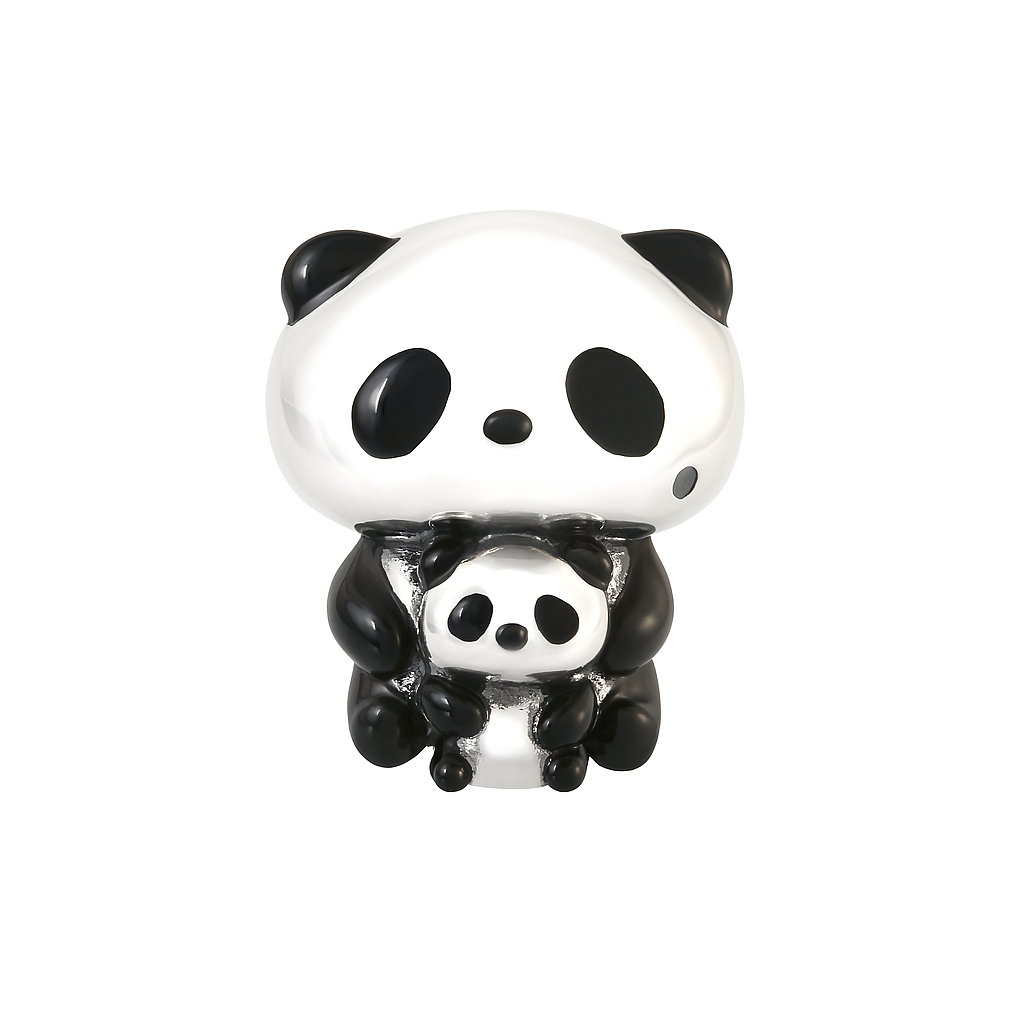 Sterling Silver Panda Charm with Baby – Enamel Animal Bead for Bracelet