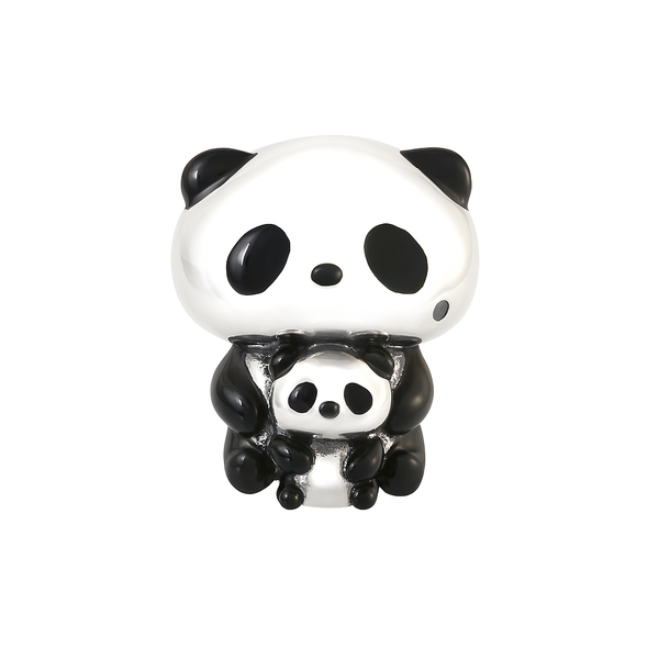 Sterling Silver Panda Charm with Baby – Enamel Animal Bead for Bracelet