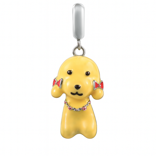 Yellow Dog Charm Pendant with Pink Bows – 925 Sterling Silver Enamel Jewelry