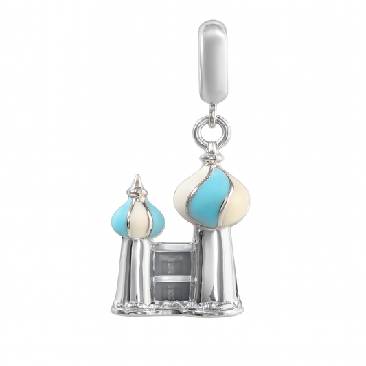 Sterling Silver Mosque Architectural Charm Pendant with Blue & White Enamel – 925 Silver Religious Jewelry