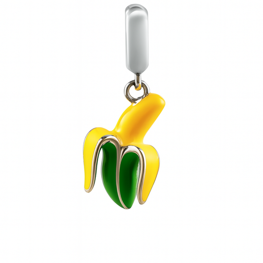 Sterling Silver Banana Charm Pendant with Yellow and Green Enamel – 925 Silver Fruit Jewelry