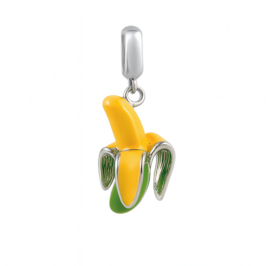 Sterling Silver Banana Charm Pendant with Yellow and Green Enamel – 925 Silver Fruit Jewelry