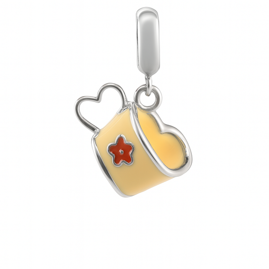 925 Sterling Silver Heart-Handle Teacup Charm with Pastel Yellow Enamel & Flower Accent