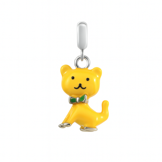Yellow Cat Charm Pendant in Sterling Silver with Enamel Bow Tie – Cute Cat Jewelry Accessory