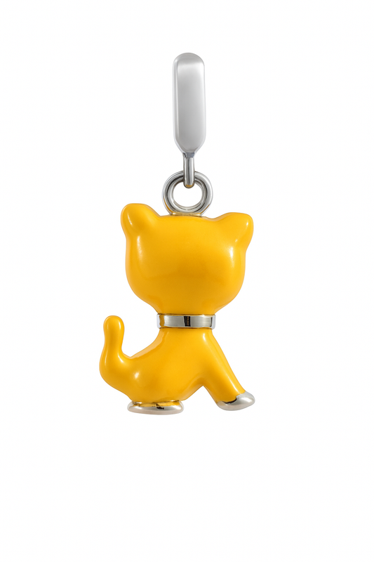 Yellow Cat Charm Pendant in Sterling Silver with Enamel Bow Tie – Cute Cat Jewelry Accessory