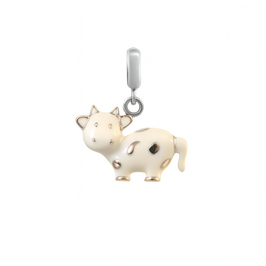 Mini Cow Charm in White Enamel and 925 Silver