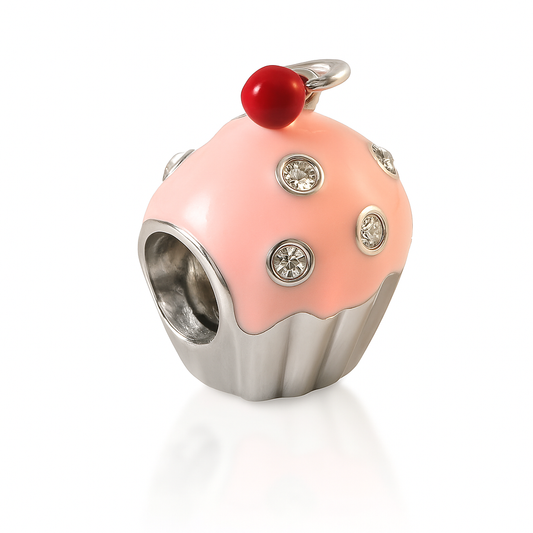 925 Sterling Silver Pink Cupcake Charm with CZ Sprinkles & Red Enamel Cherry