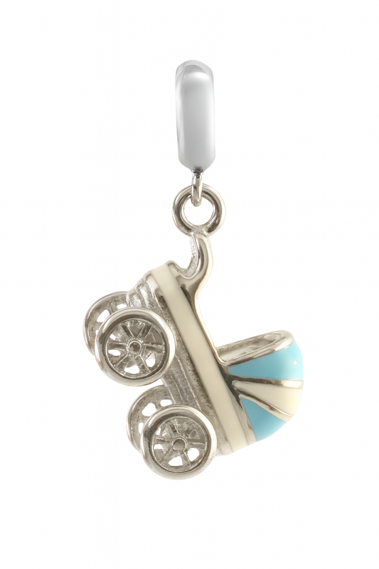 Sterling Silver Baby Stroller Enamel Charm – Light Blue & White Pram Pendant for Bracelets & Necklaces