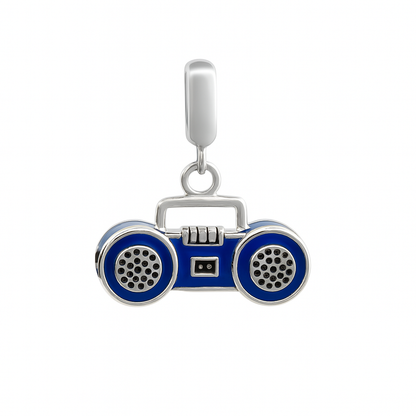 Sterling Silver Boombox Charm with Blue Enamel – 80s Retro Radio Pendant for Bracelets & Necklaces