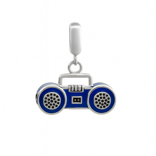 Sterling Silver Boombox Charm with Blue Enamel – 80s Retro Radio Pendant for Bracelets & Necklaces