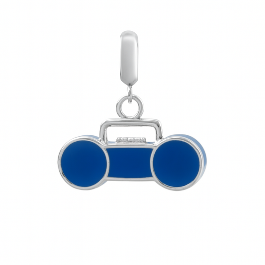 Sterling Silver Boombox Charm with Blue Enamel – 80s Retro Radio Pendant for Bracelets & Necklaces