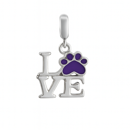 Sterling Silver “LOVE” Paw Print Dangle Charm with Purple Enamel