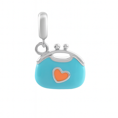 925 Sterling Silver Aqua Enamel Purse Charm with Peach Lips & Heart