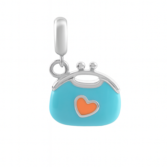 925 Sterling Silver Aqua Enamel Purse Charm with Peach Lips & Heart
