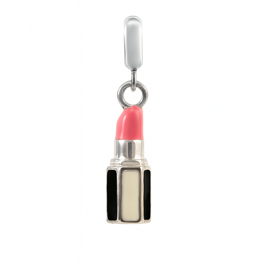 Pink Lipstick Charm in 925 Silver with Black Enamel