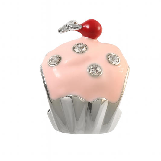 925 Sterling Silver Pink Cupcake Charm with CZ Sprinkles & Red Enamel Cherry