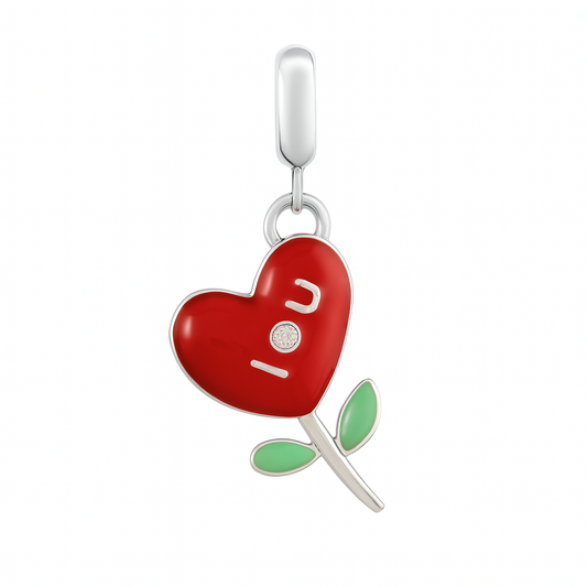 Heart Flower Charm in 925 Silver | Red Enamel & Crystal Accent