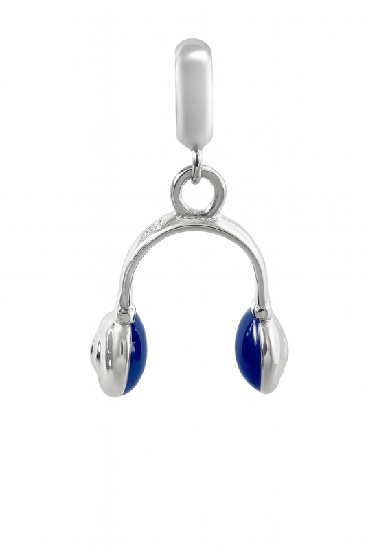 Sterling Silver Headphone Charm Pendant with Blue Enamel