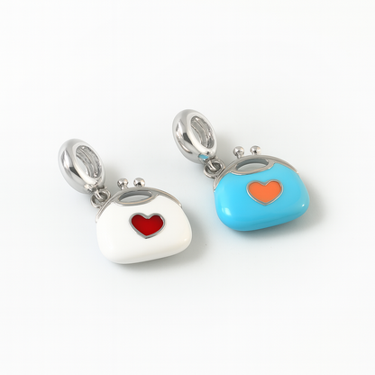 925 Sterling Silver Aqua Enamel Purse Charm with Peach Lips & Heart
