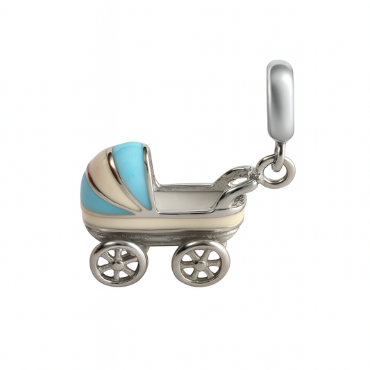 Sterling Silver Baby Stroller Enamel Charm – Light Blue & White Pram Pendant for Bracelets & Necklaces
