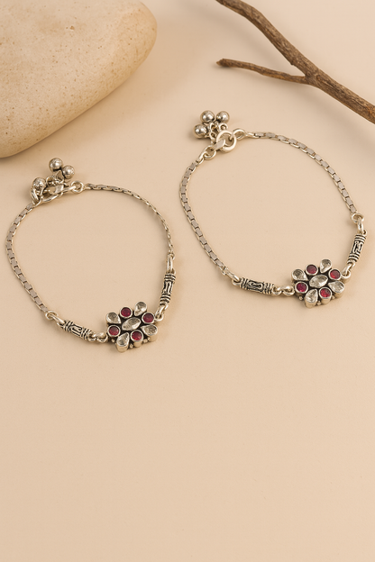 925 Oxidised Silver Tribal Disc Anklet Pair – Handmade Payal Set for Women