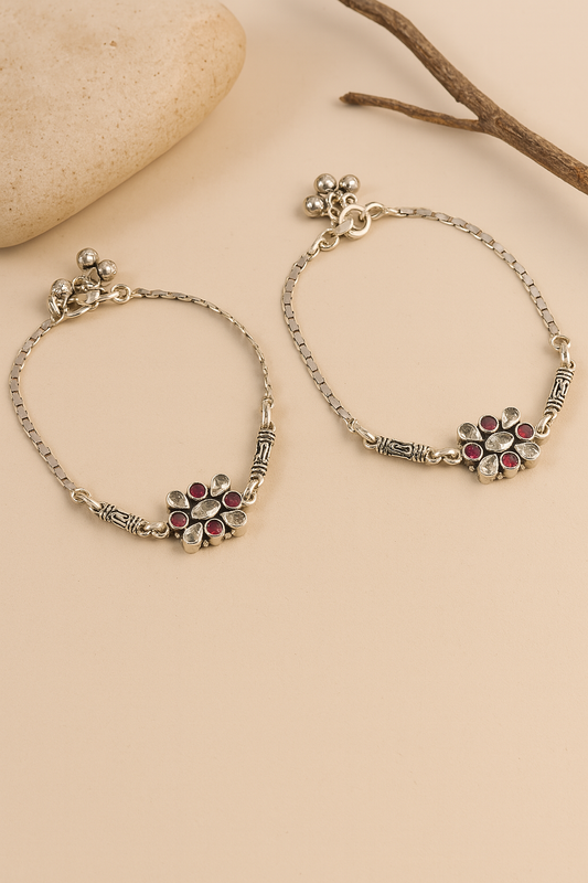 925 Oxidised Silver Tribal Disc Anklet Pair – Handmade Payal Set for Women