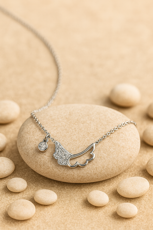 Angel Wing Heart Charm Silver Chain – 925 Sterling Zircon Necklace
