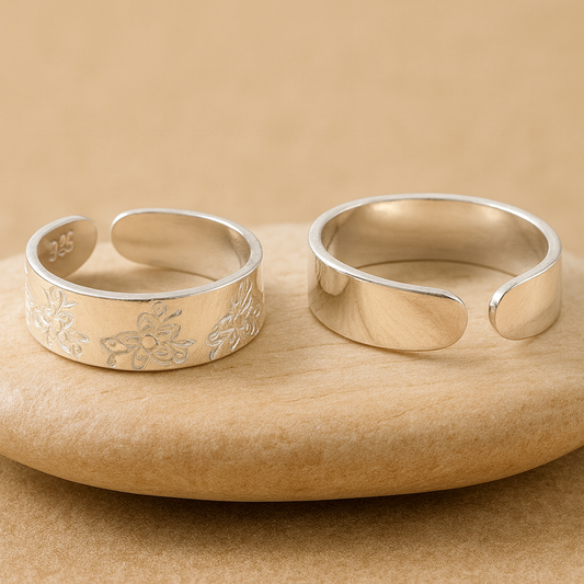 925 Sterling Silver Adjustable Toe Ring | Floral Engraved Wide Band Foot Jewelry | Handmade Boho Ethnic Style