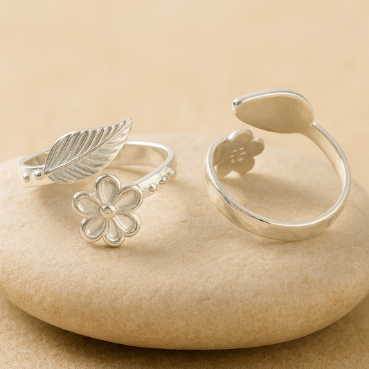 Sterling Silver Leaf & Flower Adjustable Toe Ring | Boho Floral 925 Silver Jewelry