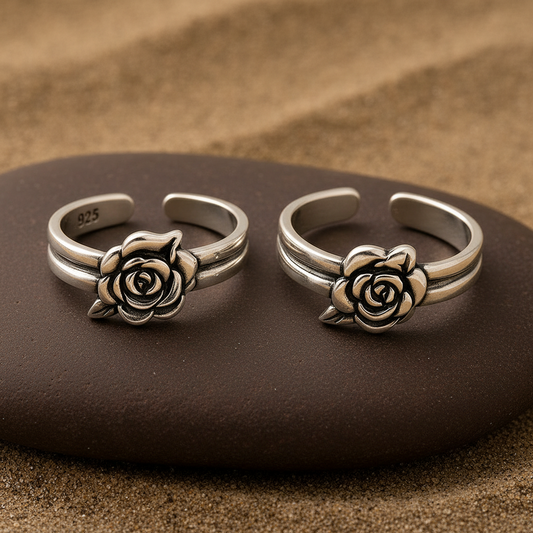 925 Sterling Silver Adjustable Rose Flower Toe Ring | Open Band Boho Floral Ring