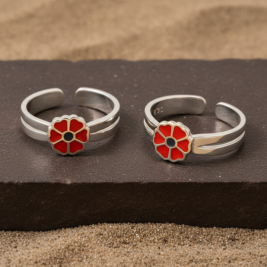 Red Enamel Flower Toe Ring in 925 Sterling Silver | Adjustable Toe Ring Jewelry