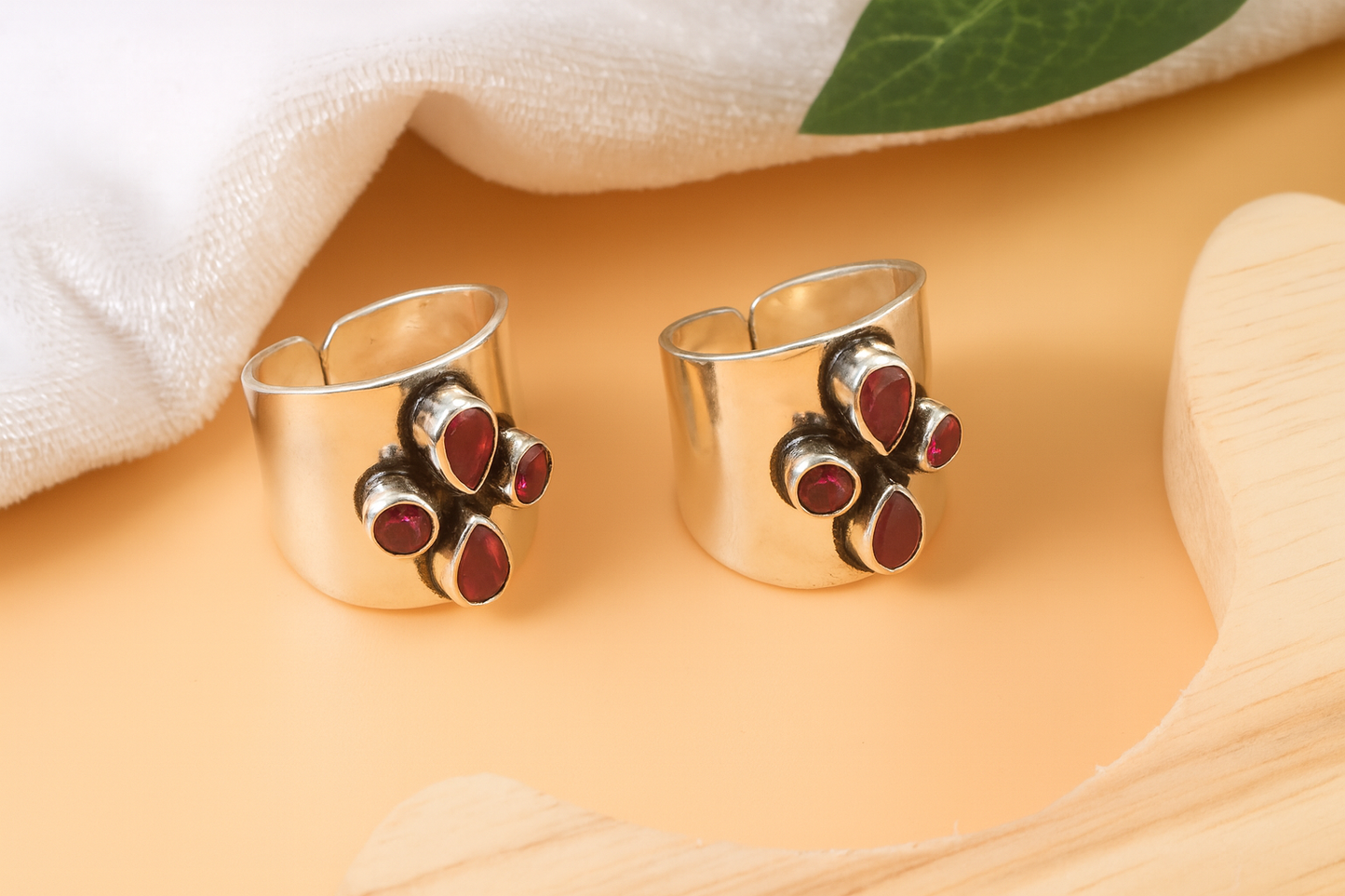 925 Silver Adjustable Toe Rings with Ruby-Red CZ Stones – Boho Ethnic Foot Jewelry
