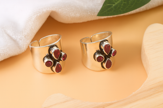 925 Silver Adjustable Toe Rings with Ruby-Red CZ Stones – Boho Ethnic Foot Jewelry