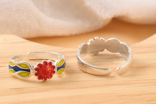 Red Enamel Flower Adjustable Silver Ring | Handcrafted 925 Sterling Silver Colorful Band