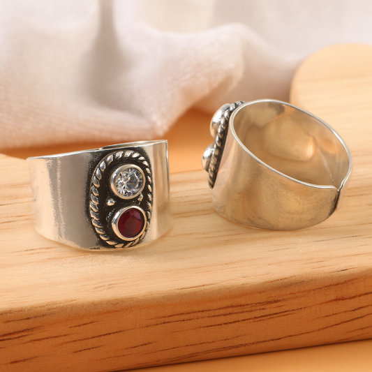 925 Sterling Silver Wide Adjustable Toe Ring with Ruby Red & Clear Cubic Zirconia – Boho Tribal Jewelry