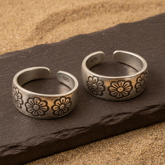 925 Silver Adjustable Wide Band Toe Ring with Engraved Floral Motif – Boho Ethnic Foot Jewelry